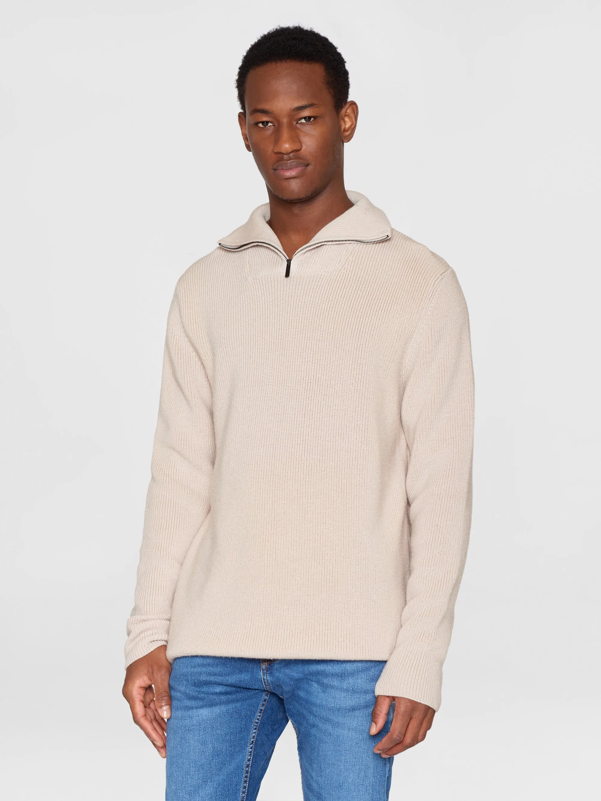 1/2 neck zip merino wool rib knit - Kelp