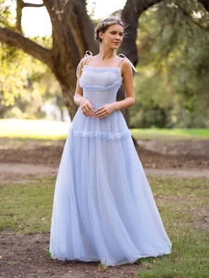 A-line Ocean Wave Tie-straps tulle long prom dress