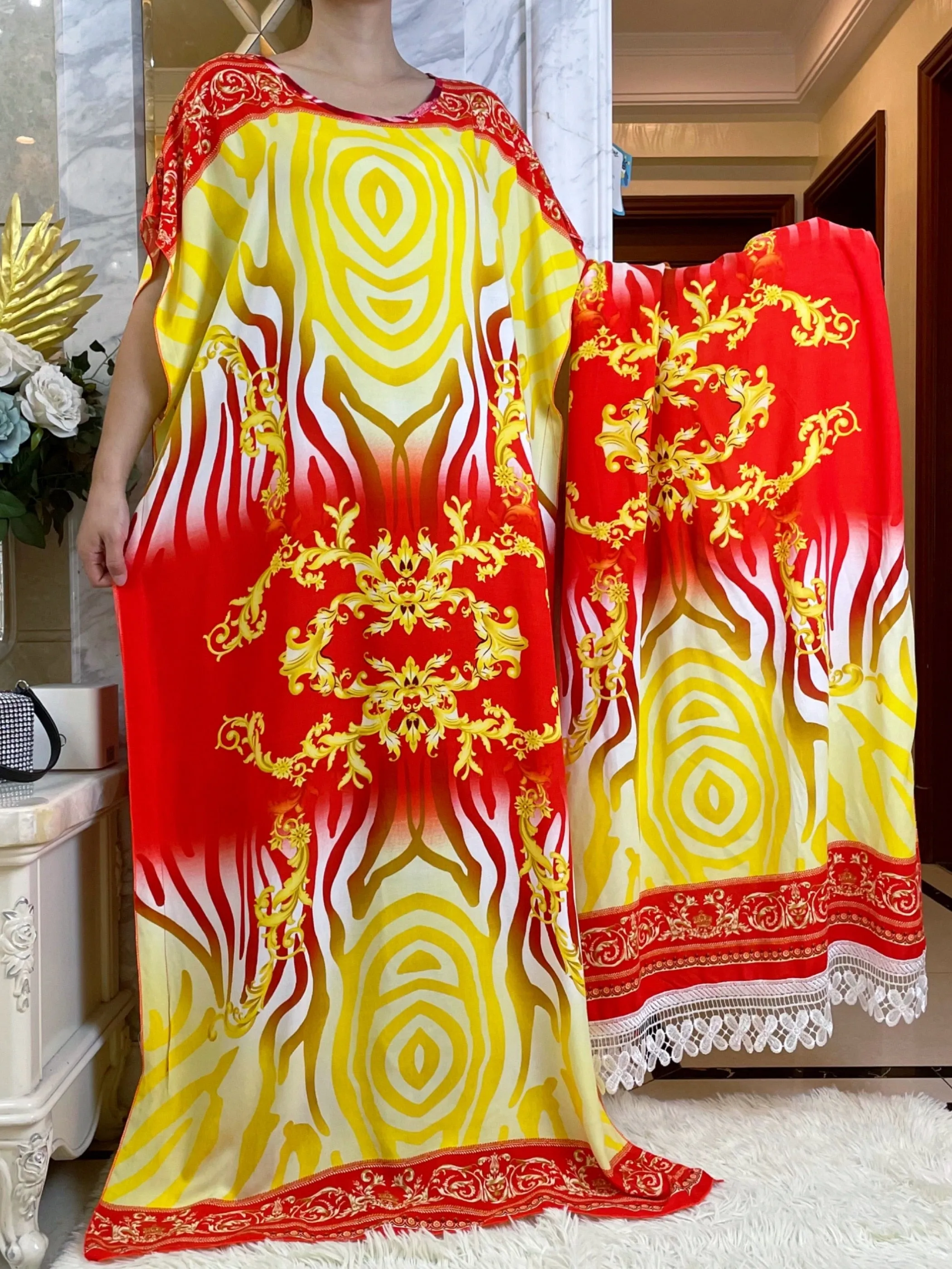 African Dress With Big Scarf Short Sleeve