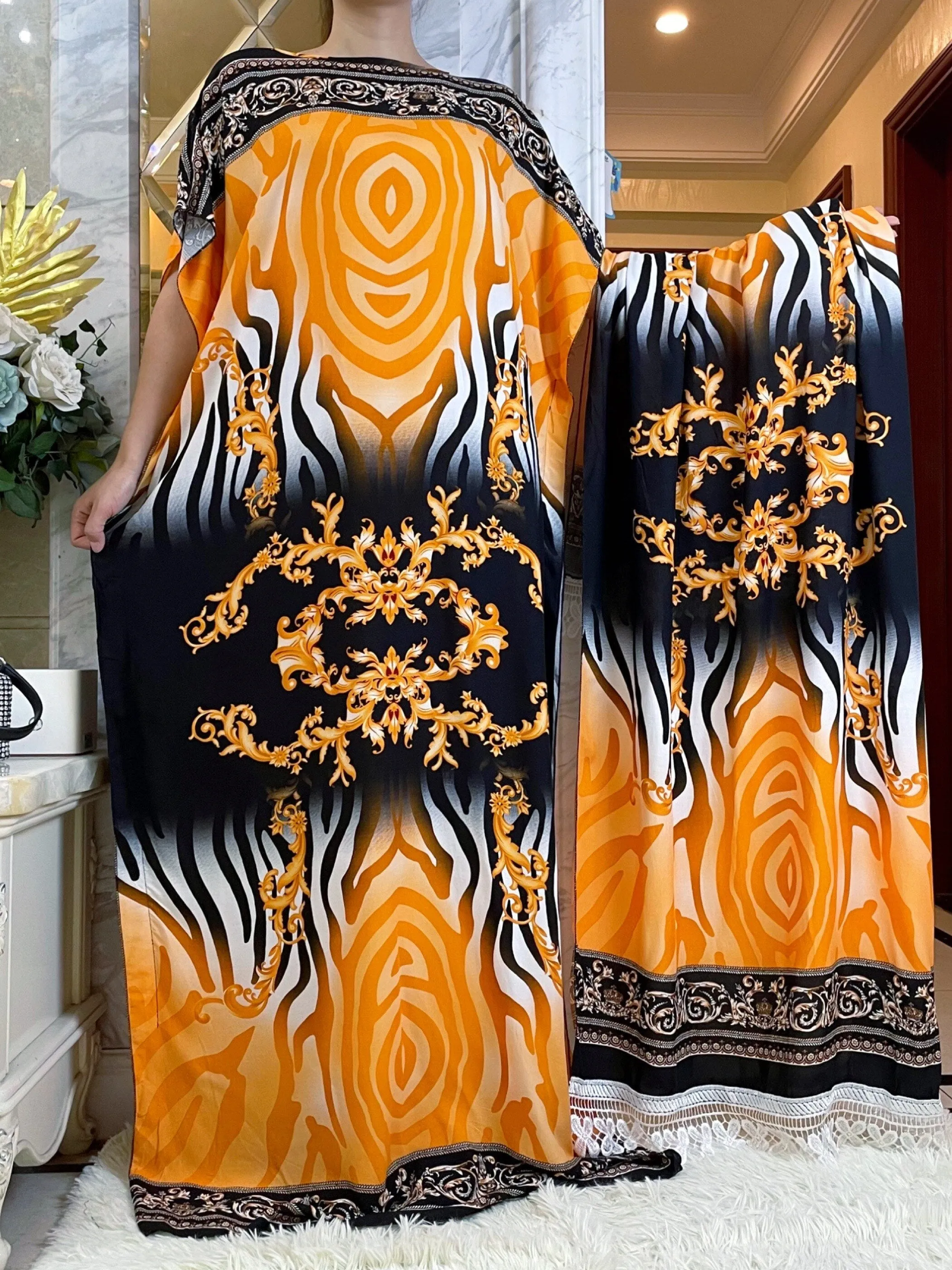 African Dress With Big Scarf Short Sleeve