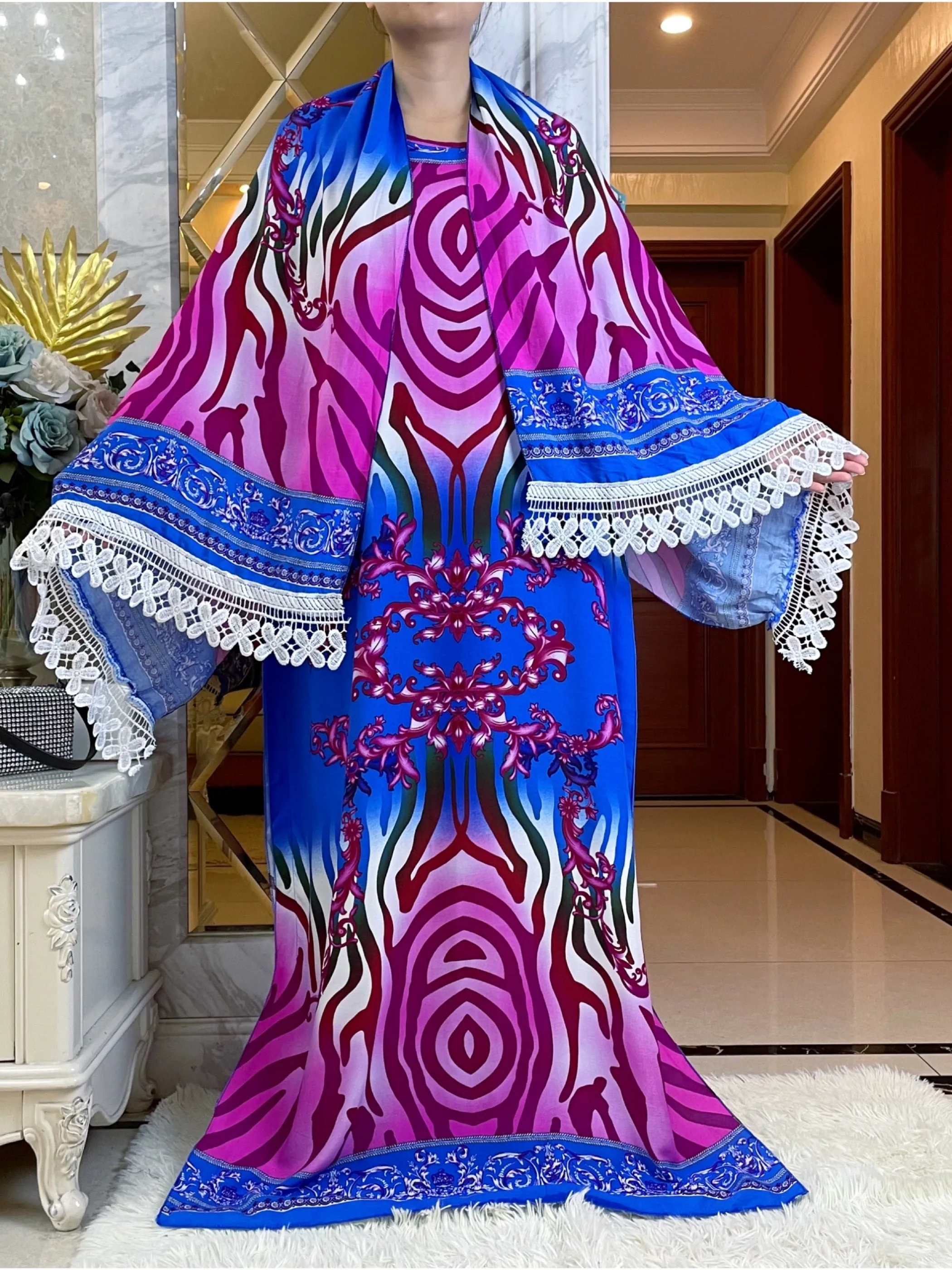 African Dress With Big Scarf Short Sleeve