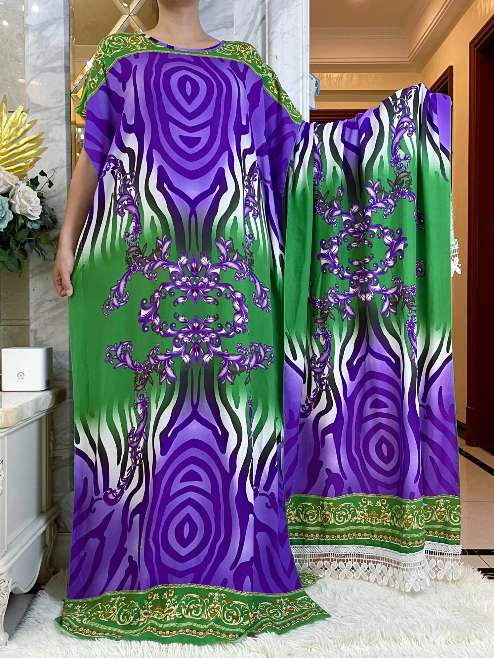 African Dress With Big Scarf Short Sleeve