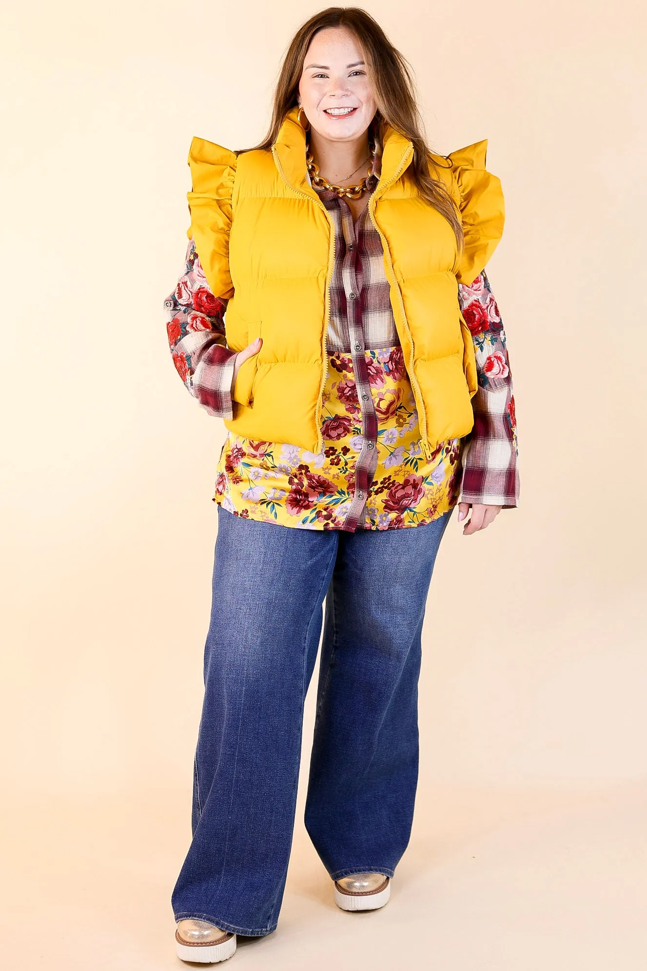 All Season Long Ruffle Sleeve Puffer Vest in Mustard Yellow