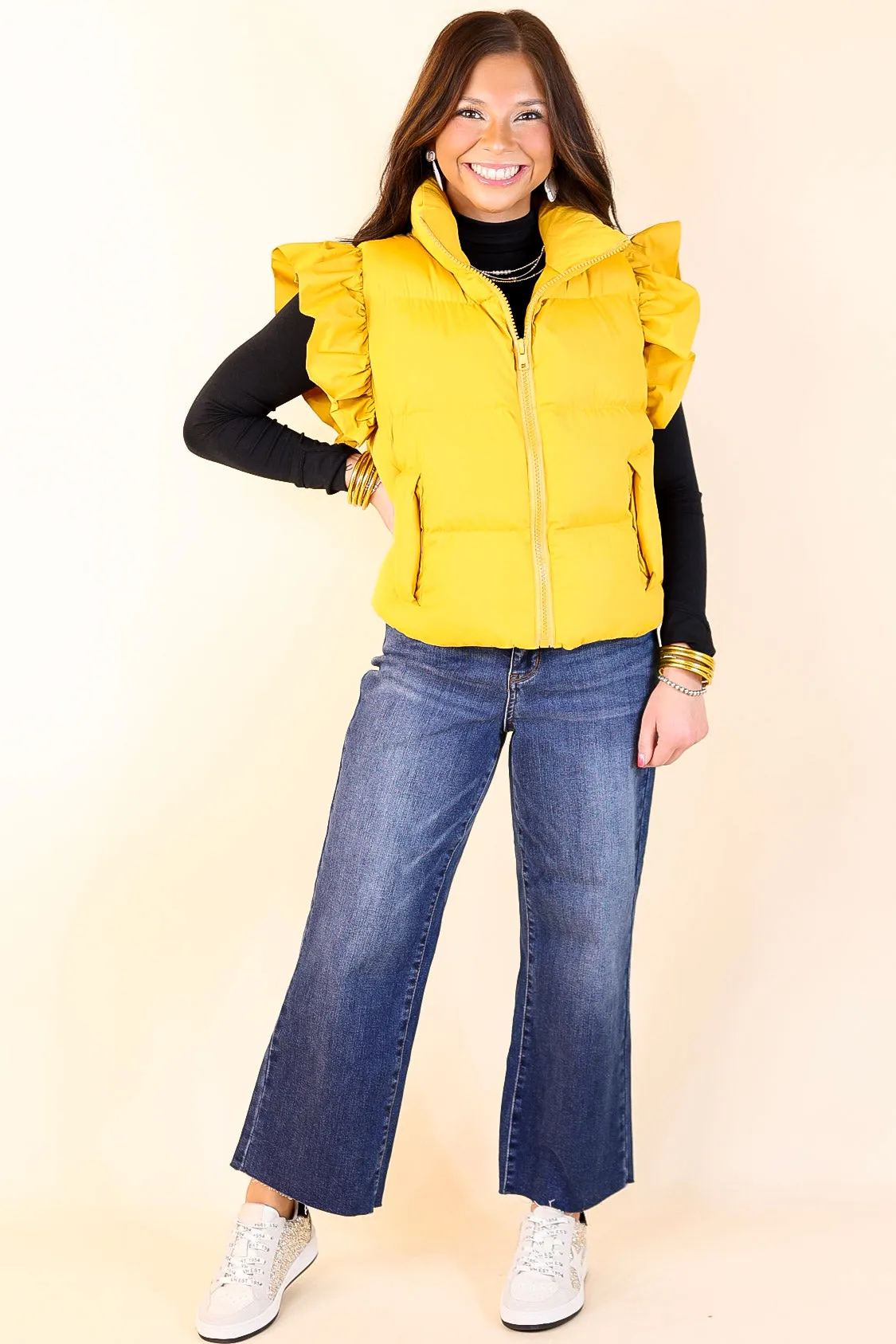 All Season Long Ruffle Sleeve Puffer Vest in Mustard Yellow