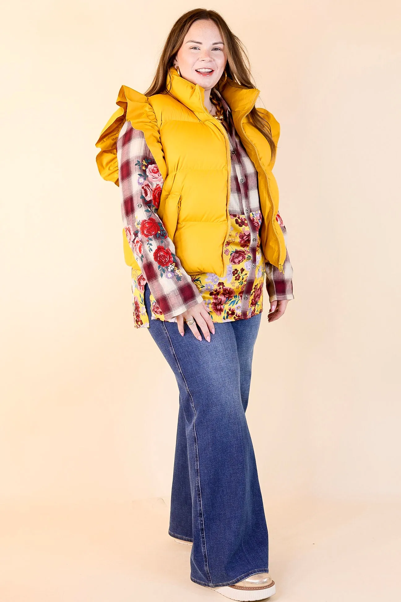 All Season Long Ruffle Sleeve Puffer Vest in Mustard Yellow