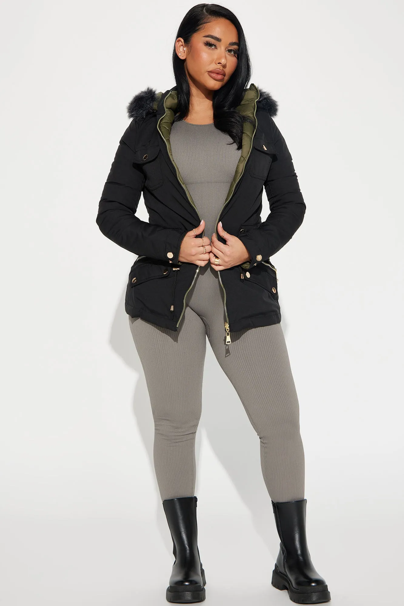 Anabelle Reversible Long Puffer Jacket - Black/combo