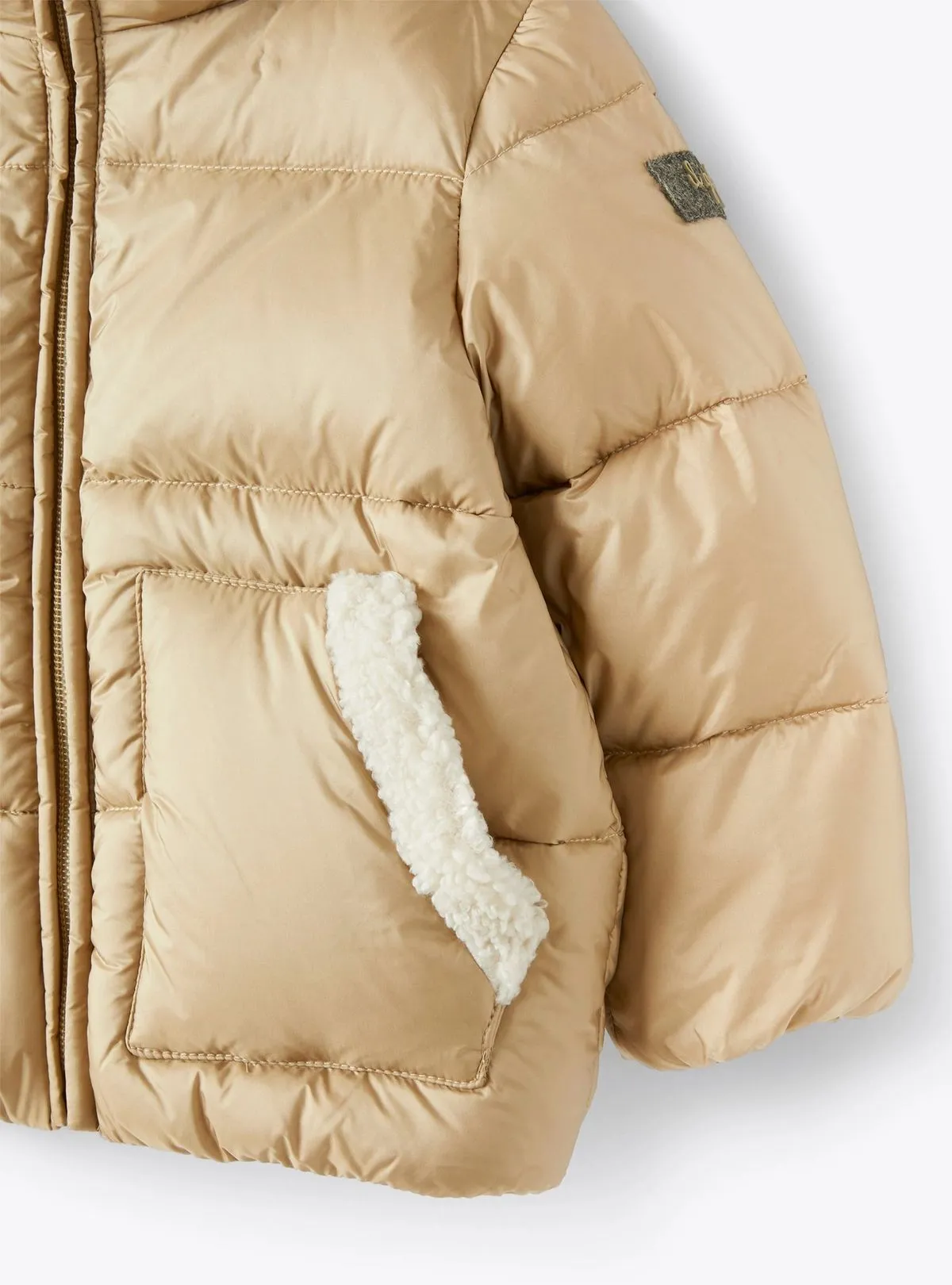 Biscuit Sherpa Trim Puffer with Pom Pom Tail