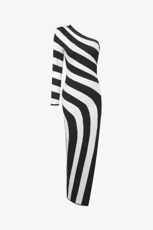 Black and White One Shoulder Striped Maxi Dress