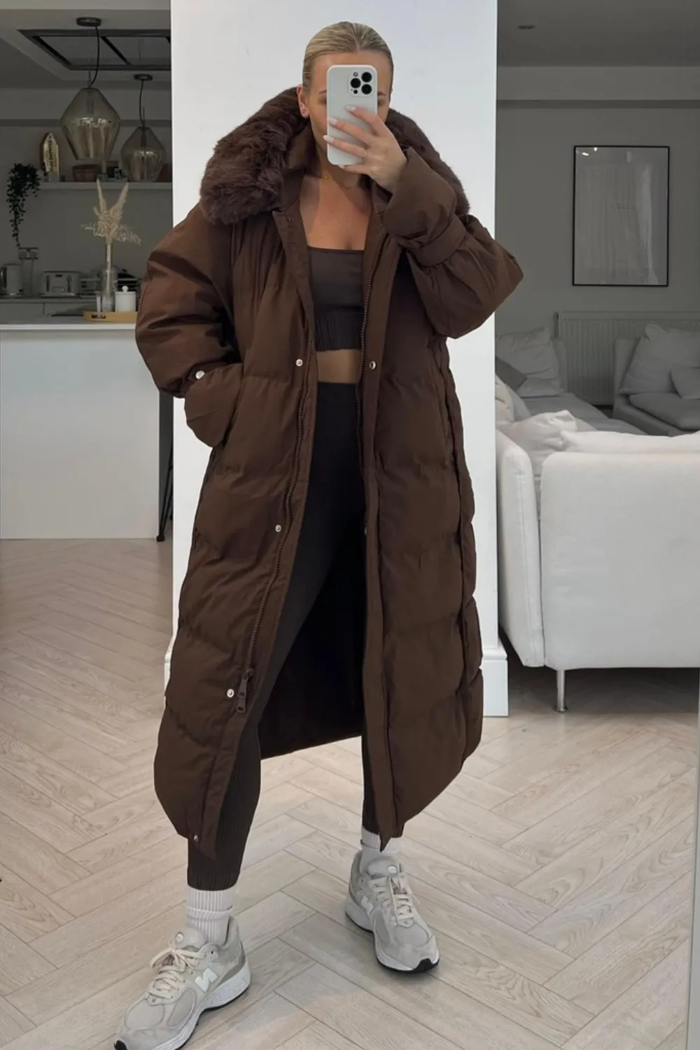 Brogan chocolate Hooded faux fur duvet coat