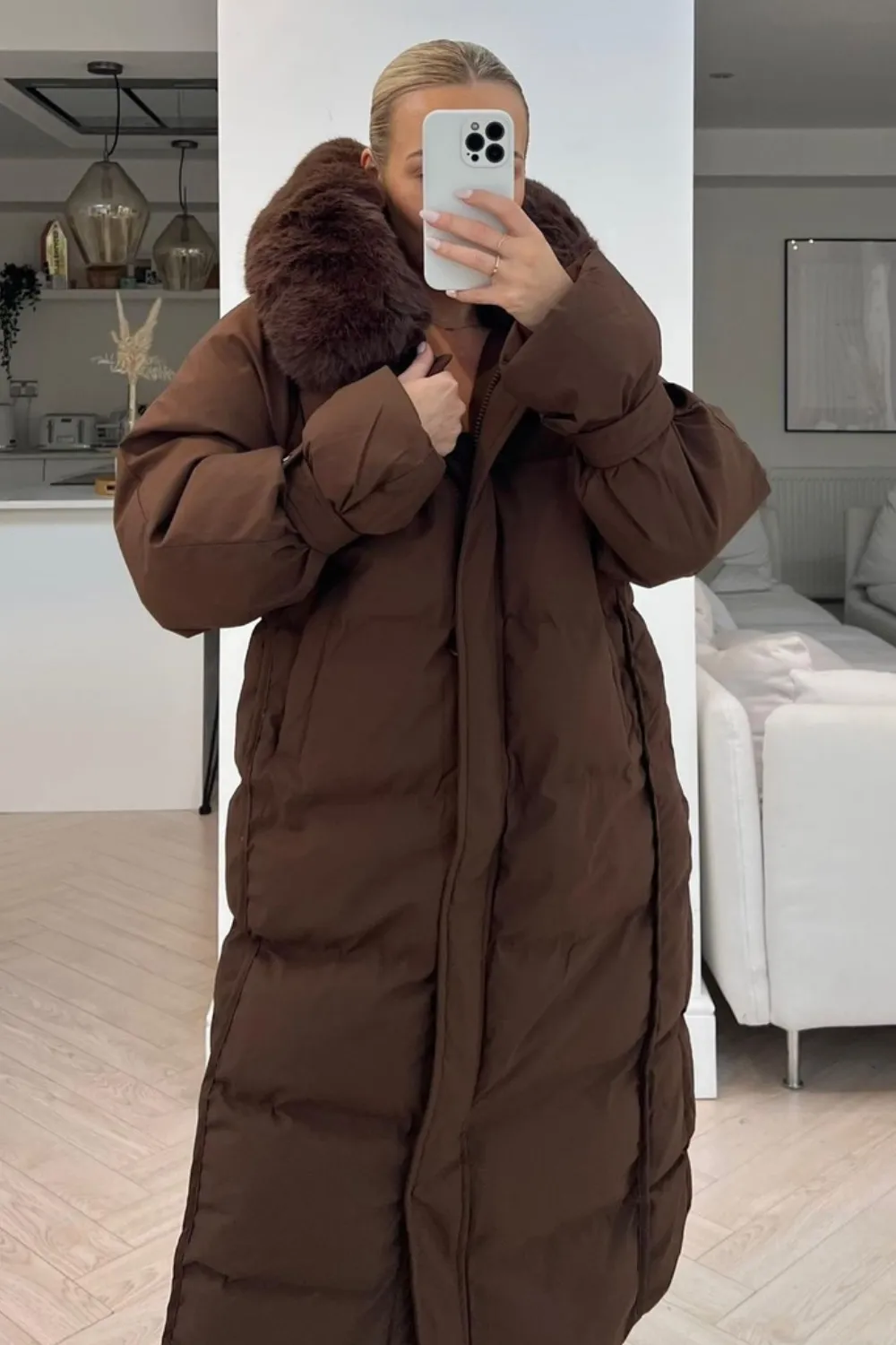 Brogan chocolate Hooded faux fur duvet coat