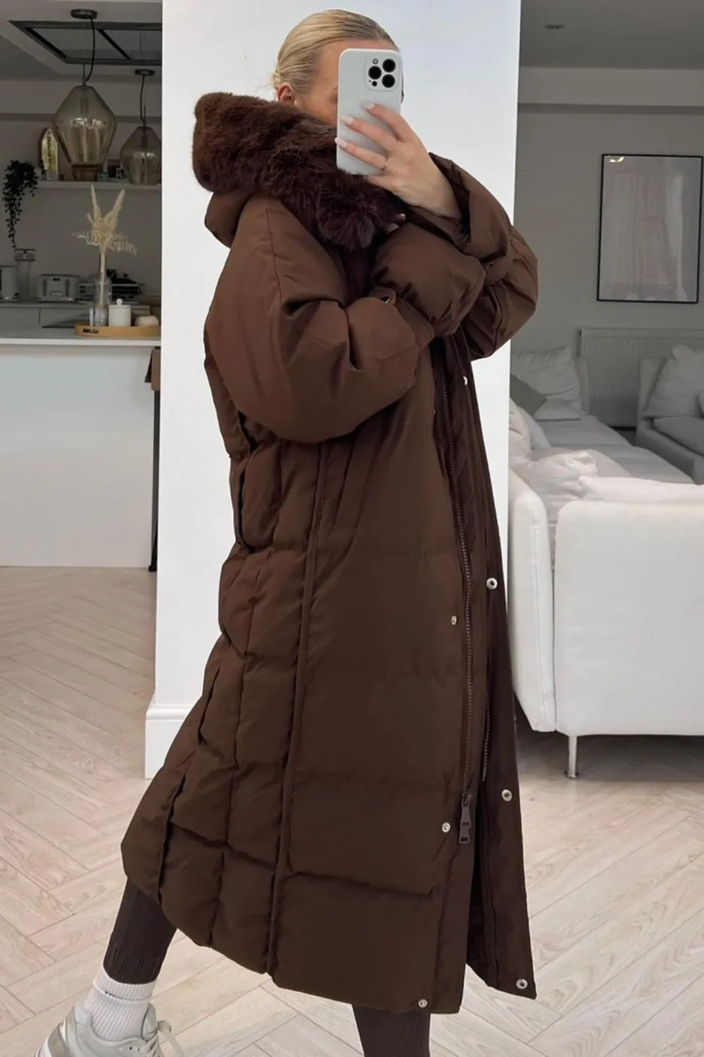 Brogan chocolate Hooded faux fur duvet coat