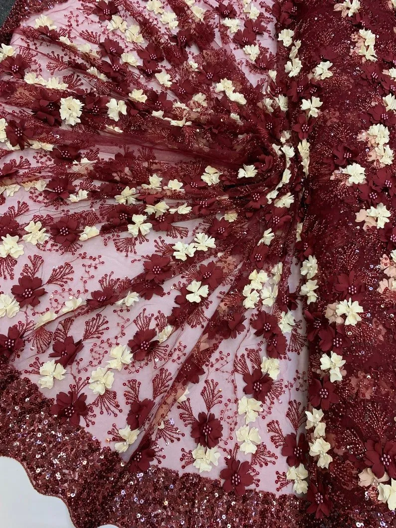 Burgundy Ivory Pearls Lace Beaded Fabric on Tulle for Bridal Fabric