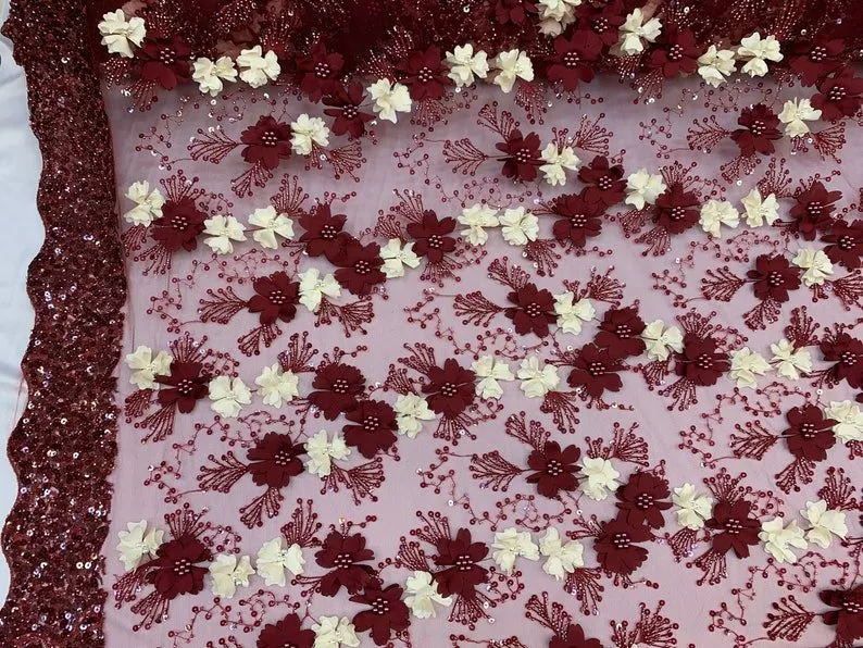 Burgundy Ivory Pearls Lace Beaded Fabric on Tulle for Bridal Fabric