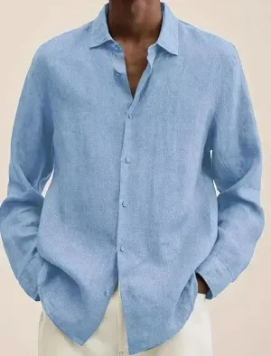 Casual Light Blue Plain Button down Long sleeve Cotton Linen Men shirt