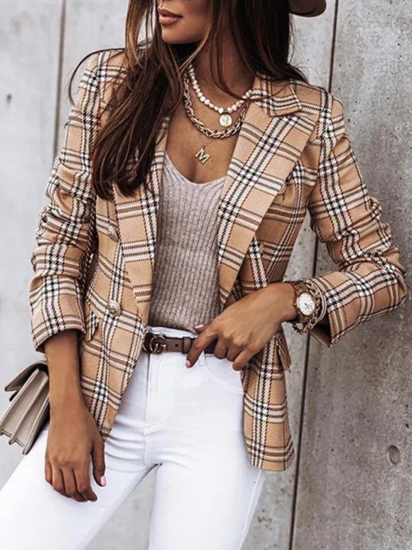 Chic Plaid Blazer for Spring-Summer: Jakoto Women's Relaxed Double Breasted Cotton-Linen Blend with Dropped Shoulder Sleeves