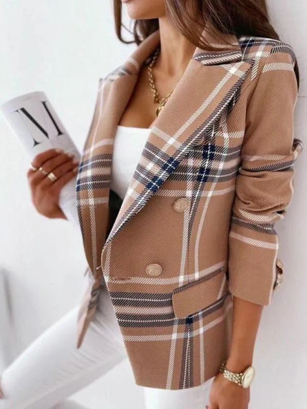 Chic Plaid Blazer for Spring-Summer: Jakoto Women's Relaxed Double Breasted Cotton-Linen Blend with Dropped Shoulder Sleeves