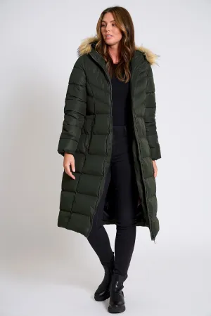 Crosage Longline Quilted Hooded Puffer Coat with Detachable Faux Fur Trim In Khaki - Tokyo Laundry