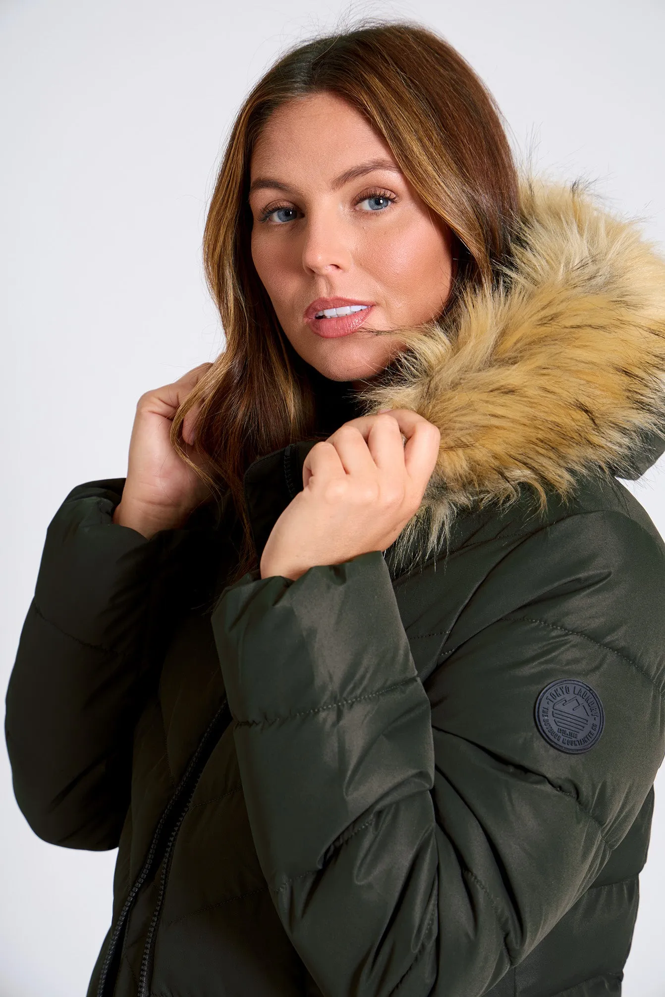 Crosage Longline Quilted Hooded Puffer Coat with Detachable Faux Fur Trim In Khaki - Tokyo Laundry