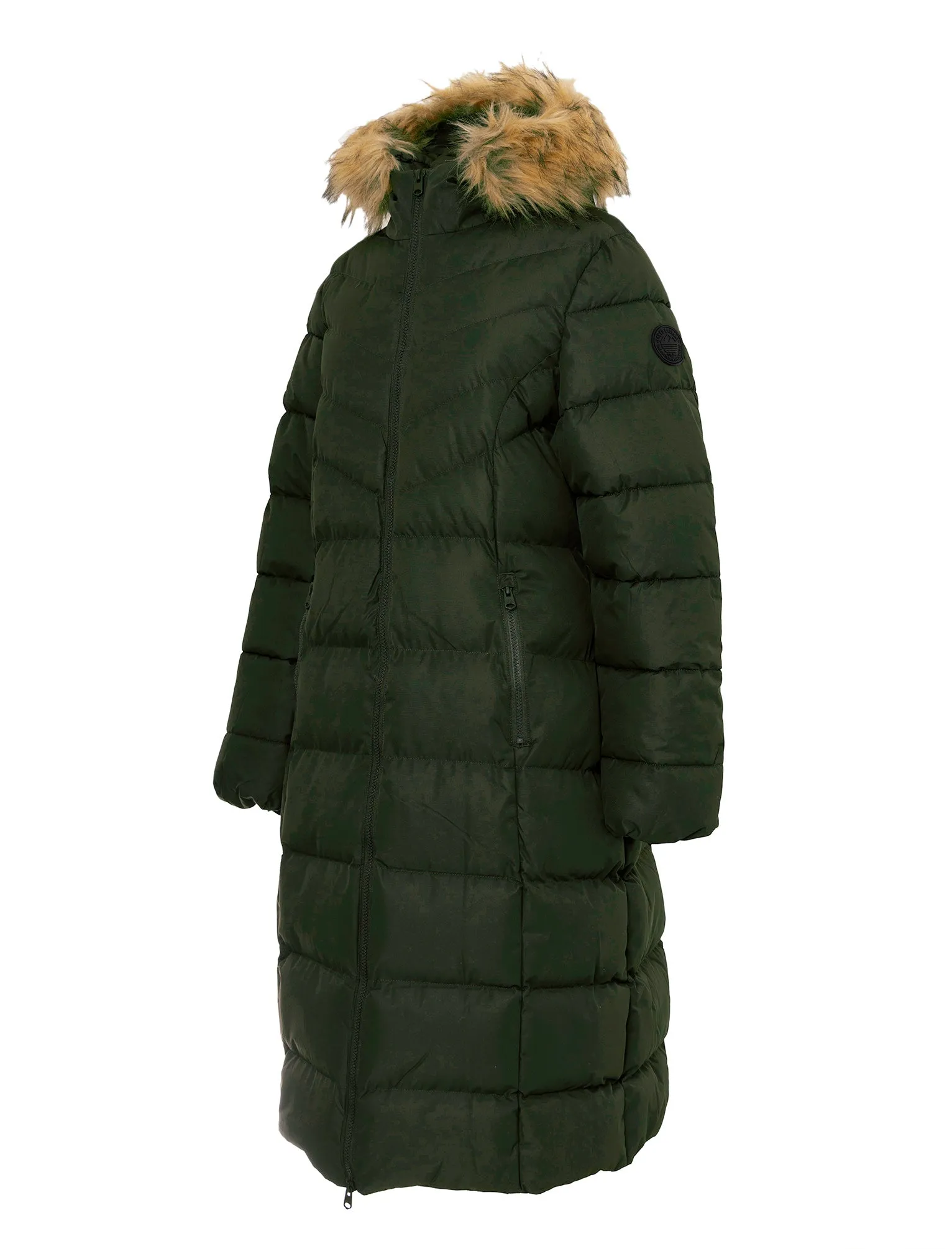 Crosage Longline Quilted Hooded Puffer Coat with Detachable Faux Fur Trim In Khaki - Tokyo Laundry