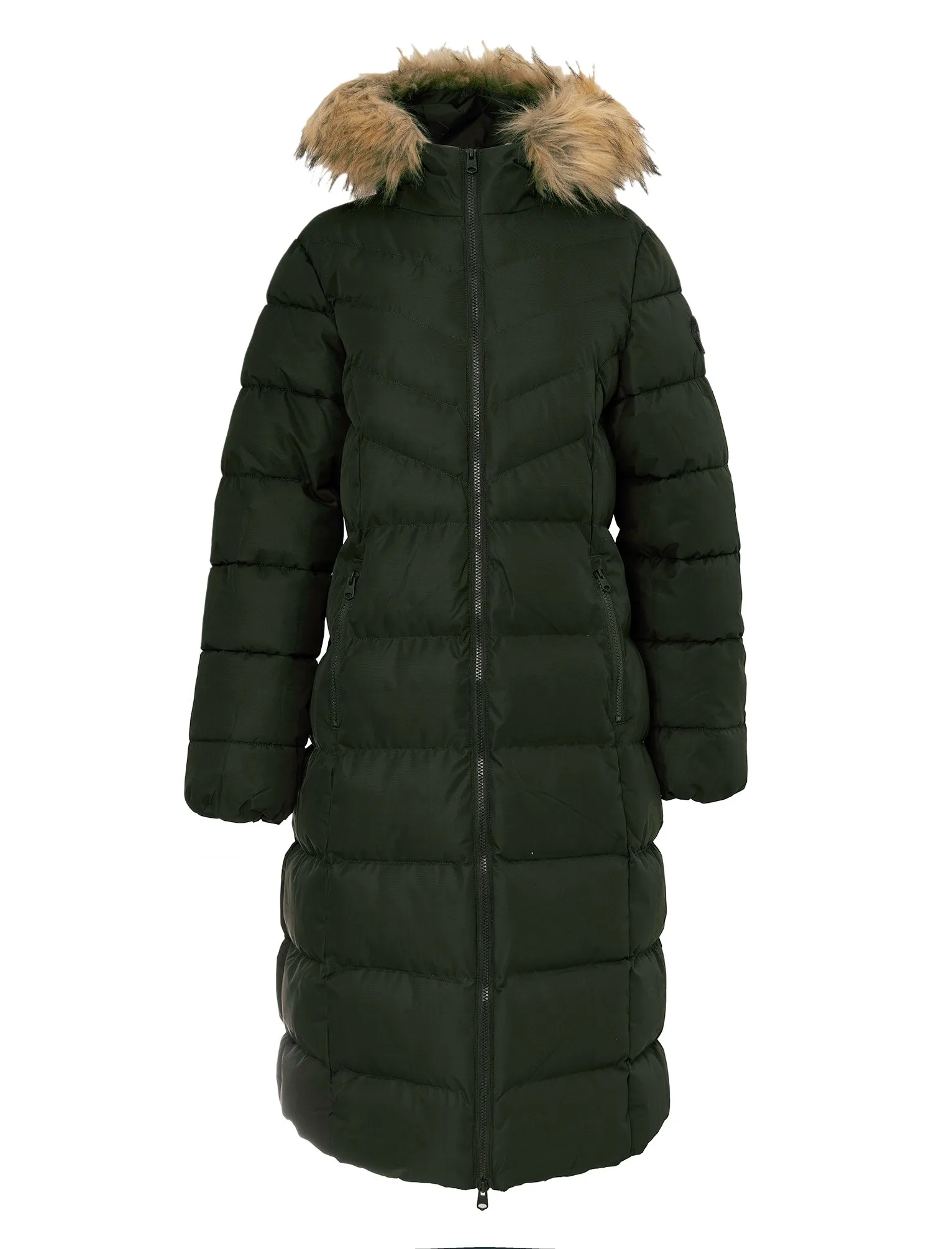 Crosage Longline Quilted Hooded Puffer Coat with Detachable Faux Fur Trim In Khaki - Tokyo Laundry