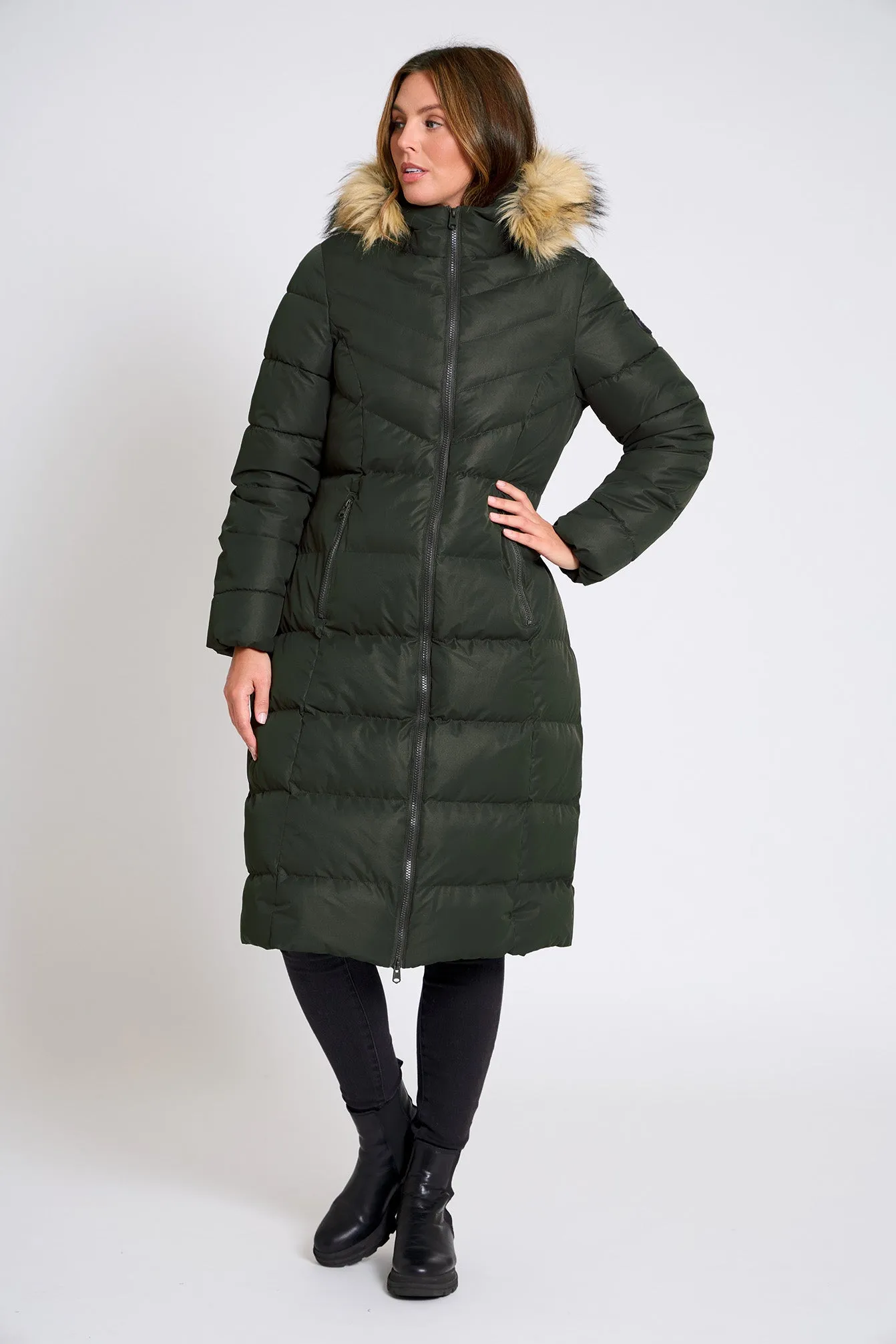 Crosage Longline Quilted Hooded Puffer Coat with Detachable Faux Fur Trim In Khaki - Tokyo Laundry