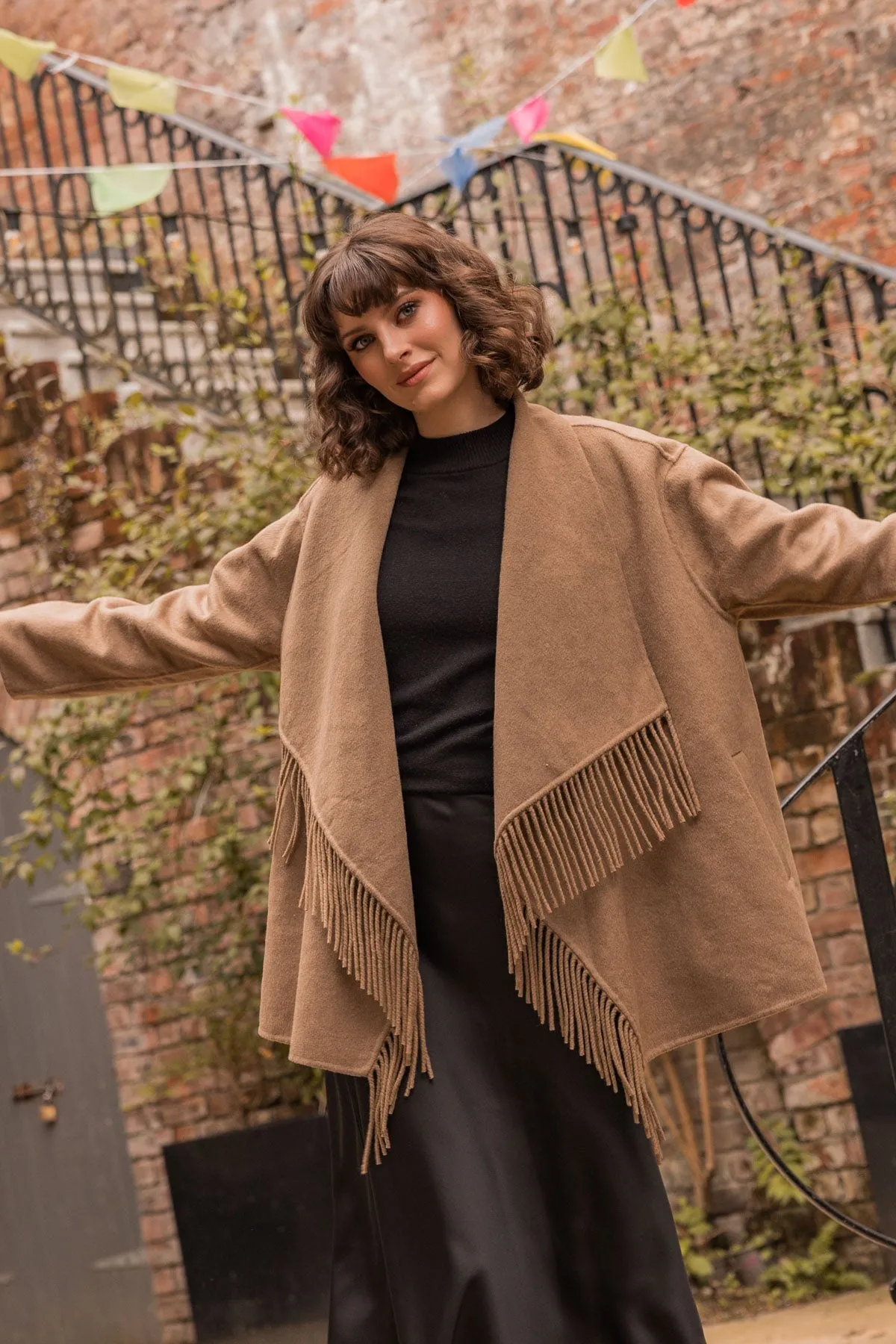 Double Faced Fringe Coat in Camel