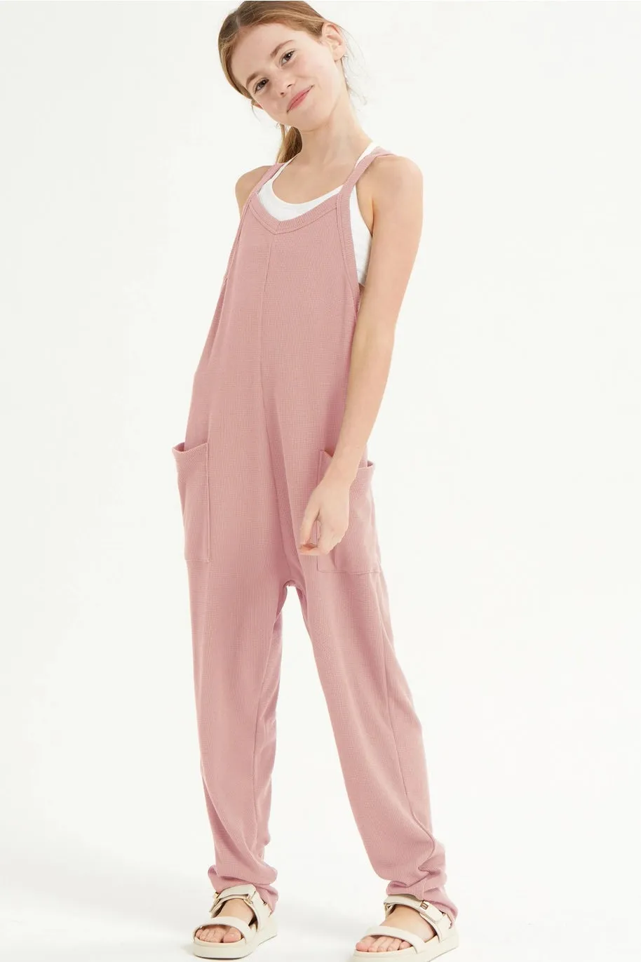 Drop Crotch Sleeveless Waffle Knit Jumpsuit - Dusty Pink