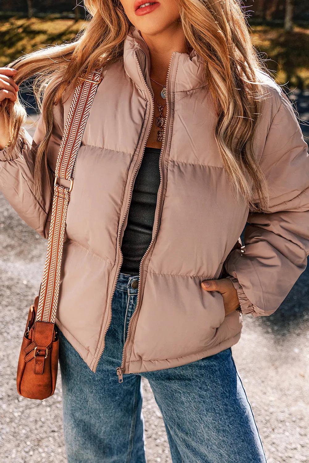 Dusty  Pink Full Zipper Quilted Puffer Jacket