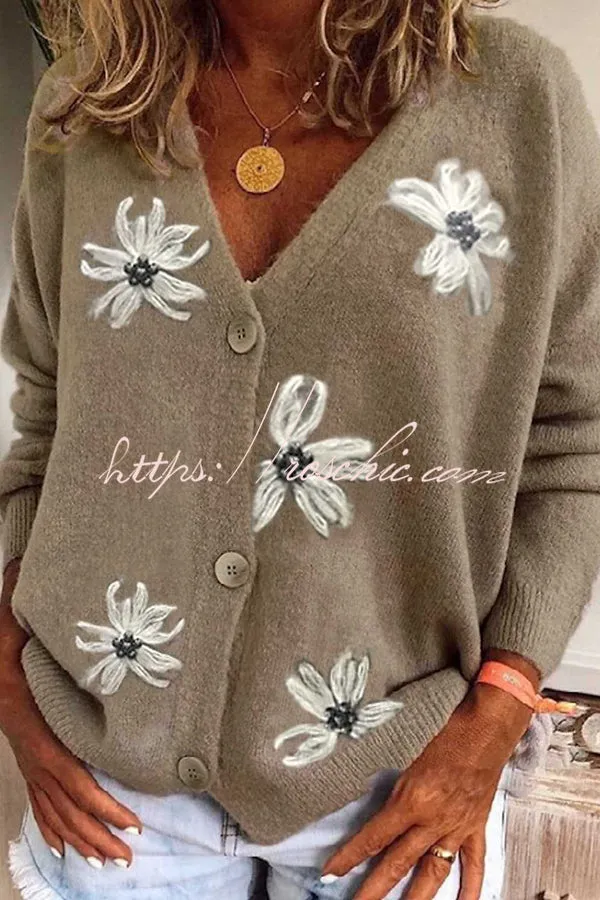 Floral Knit Single Breasted Long Sleeved Cardigan Coats