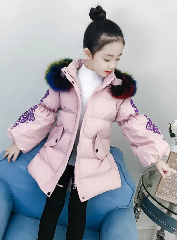 Girl Winter Embroidery Puff Sleeve Down Jacket