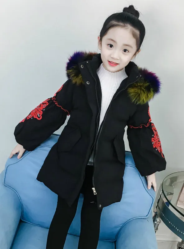 Girl Winter Embroidery Puff Sleeve Down Jacket