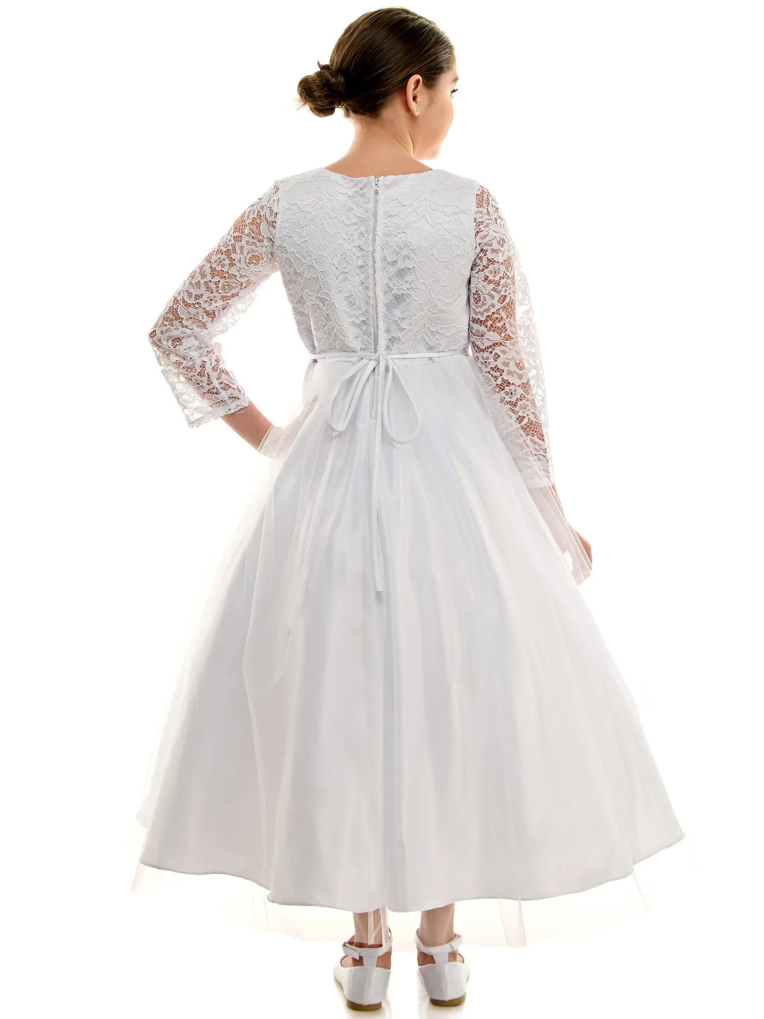 Girls White 3D Floral Applique Tulle First Communion Dress with 3/4 Lace Sleeve, Sizes 6-16