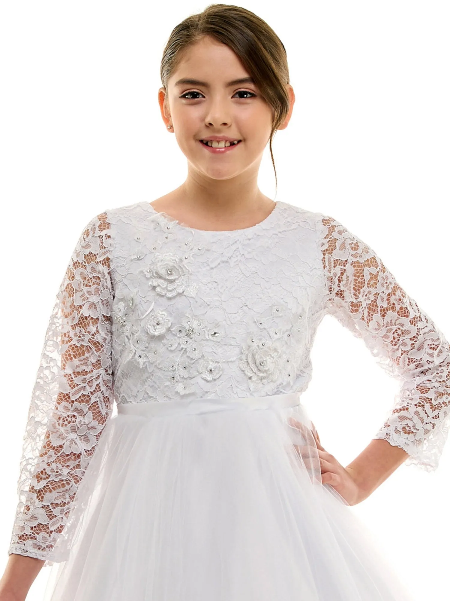 Girls White 3D Floral Applique Tulle First Communion Dress with 3/4 Lace Sleeve, Sizes 6-16