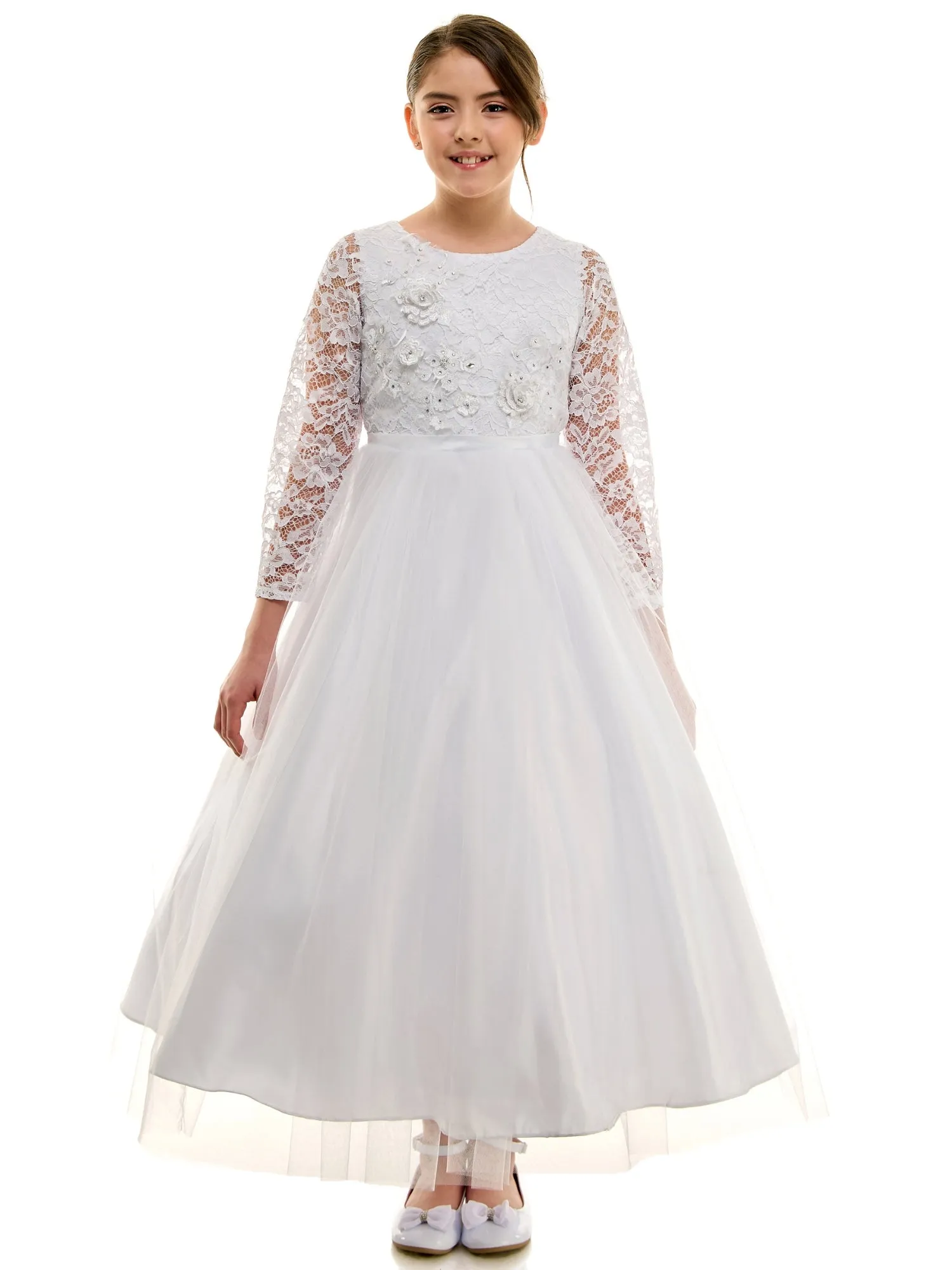 Girls White 3D Floral Applique Tulle First Communion Dress with 3/4 Lace Sleeve, Sizes 6-16