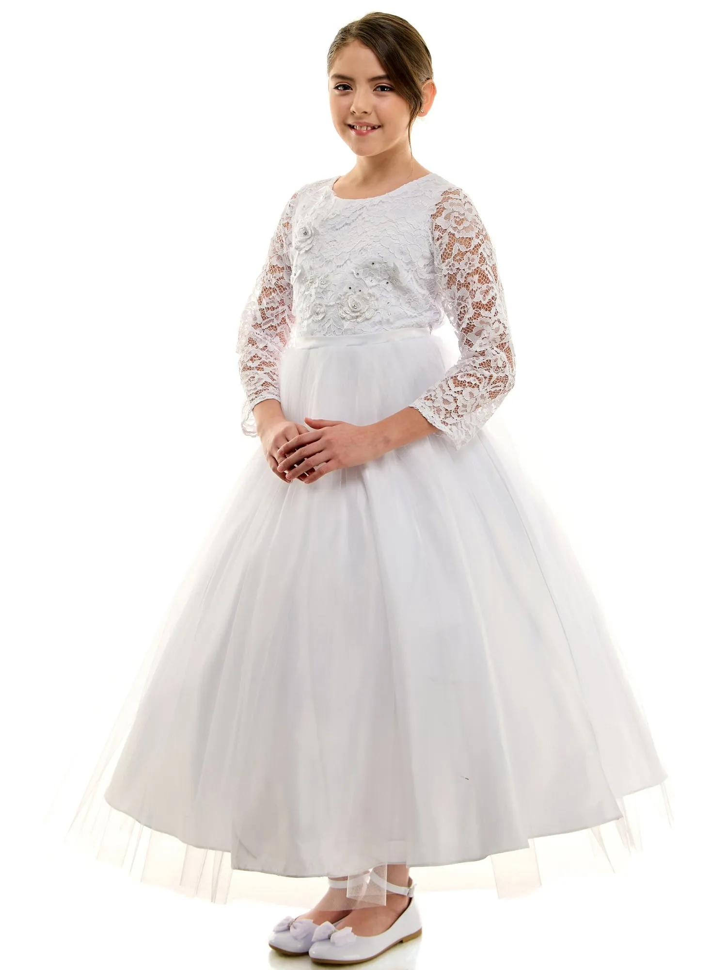 Girls White 3D Floral Applique Tulle First Communion Dress with 3/4 Lace Sleeve, Sizes 6-16