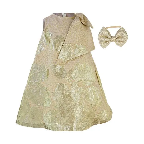 GOLD DAMASK DRESS WITH HAIR BOW