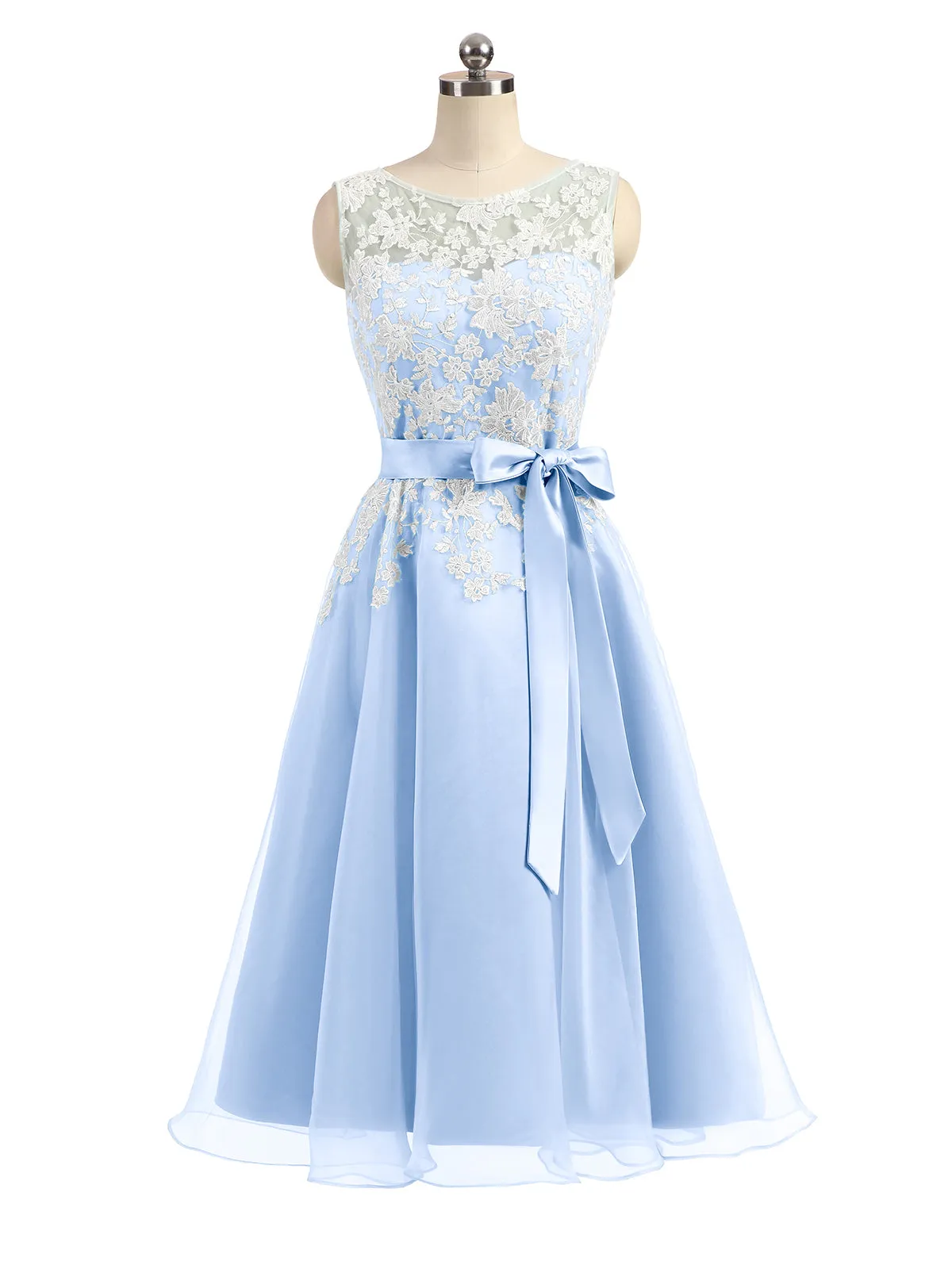 Illusion Neck Organza with Ivory Lace Appliqued Sky Blue Plus Size