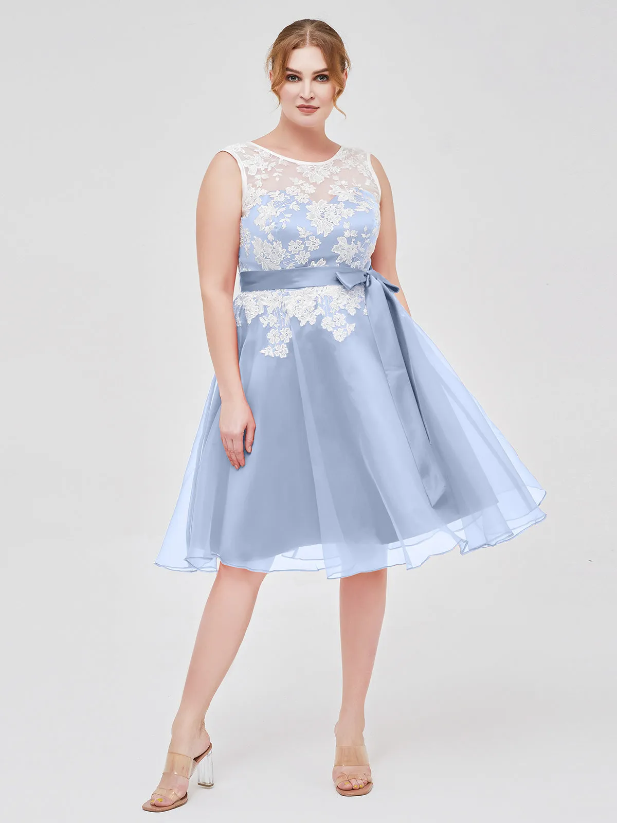 Illusion Neck Organza with Ivory Lace Appliqued Sky Blue Plus Size