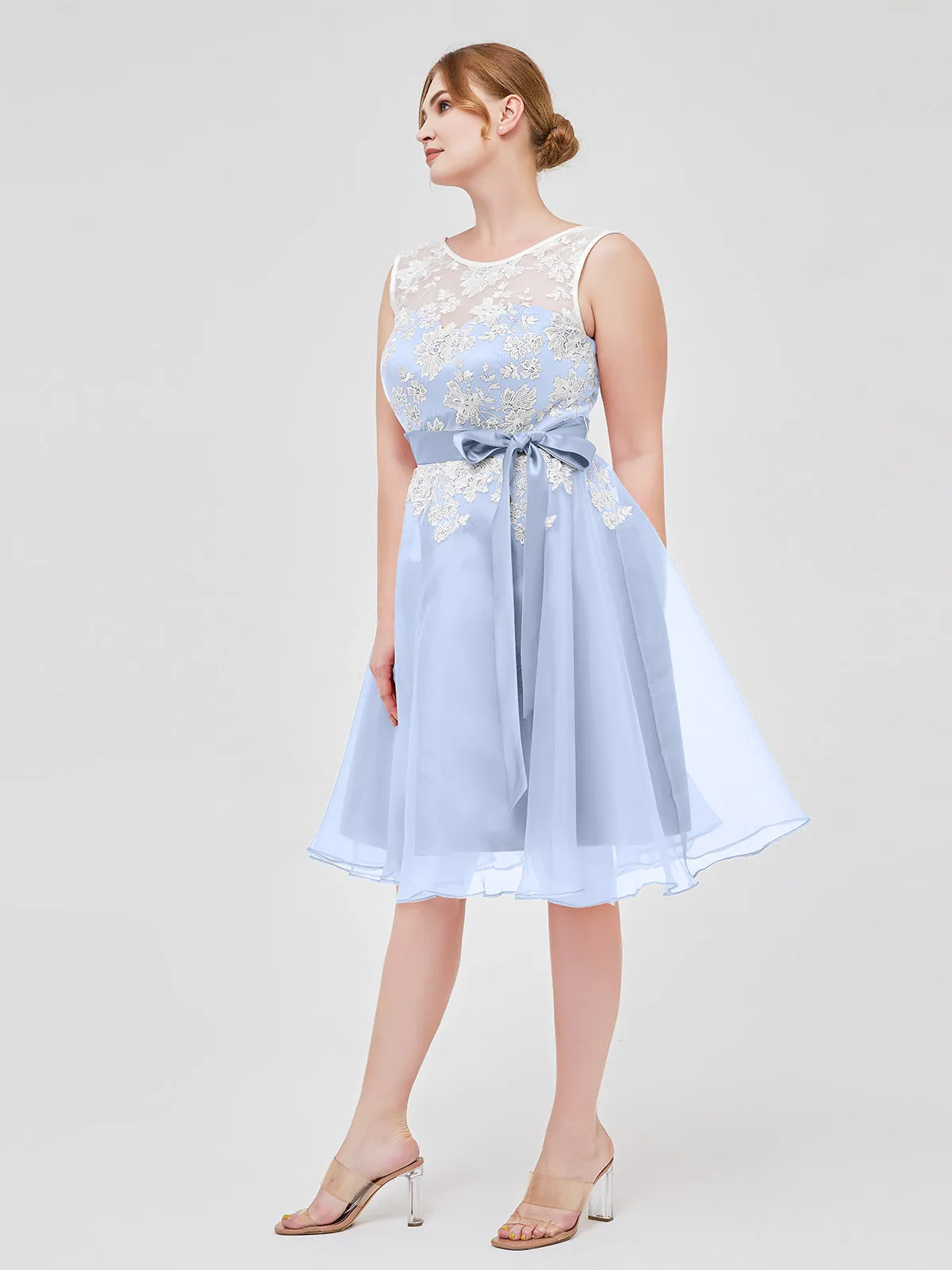 Illusion Neck Organza with Ivory Lace Appliqued Sky Blue Plus Size