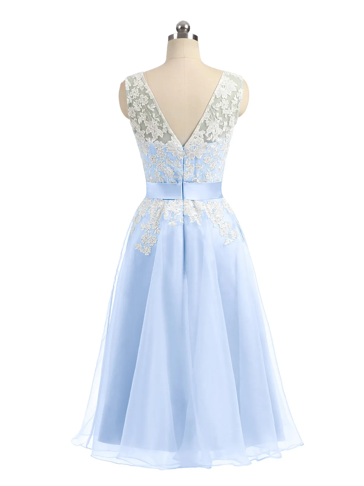 Illusion Neck Organza with Ivory Lace Appliqued Sky Blue Plus Size