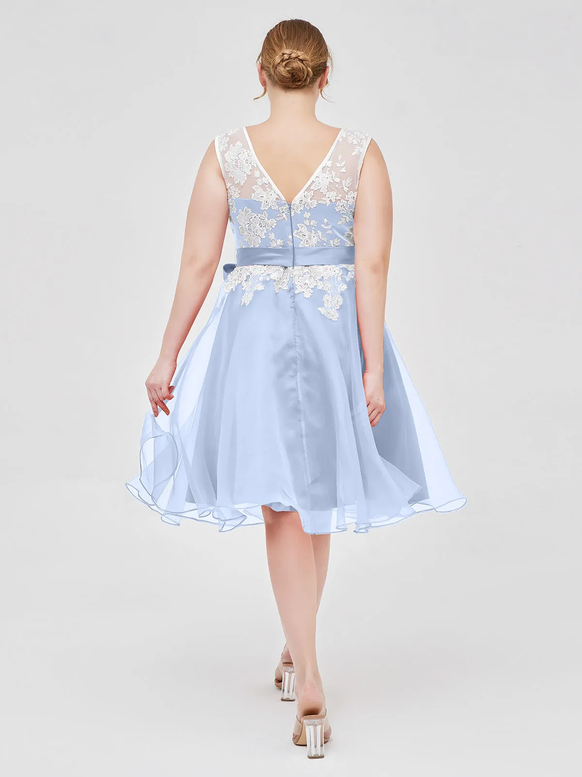 Illusion Neck Organza with Ivory Lace Appliqued Sky Blue Plus Size