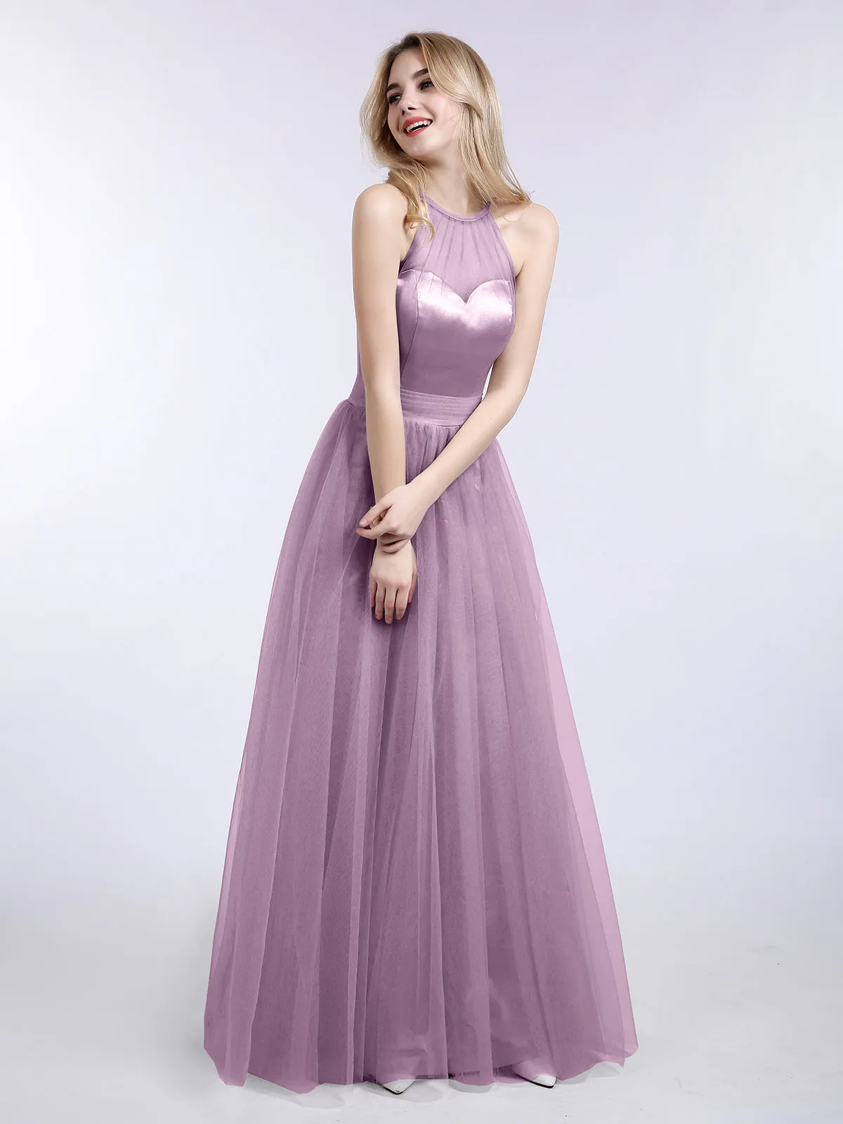 Illusion Neckline Long Tulle Dress-Vintage Mauve Plus Size