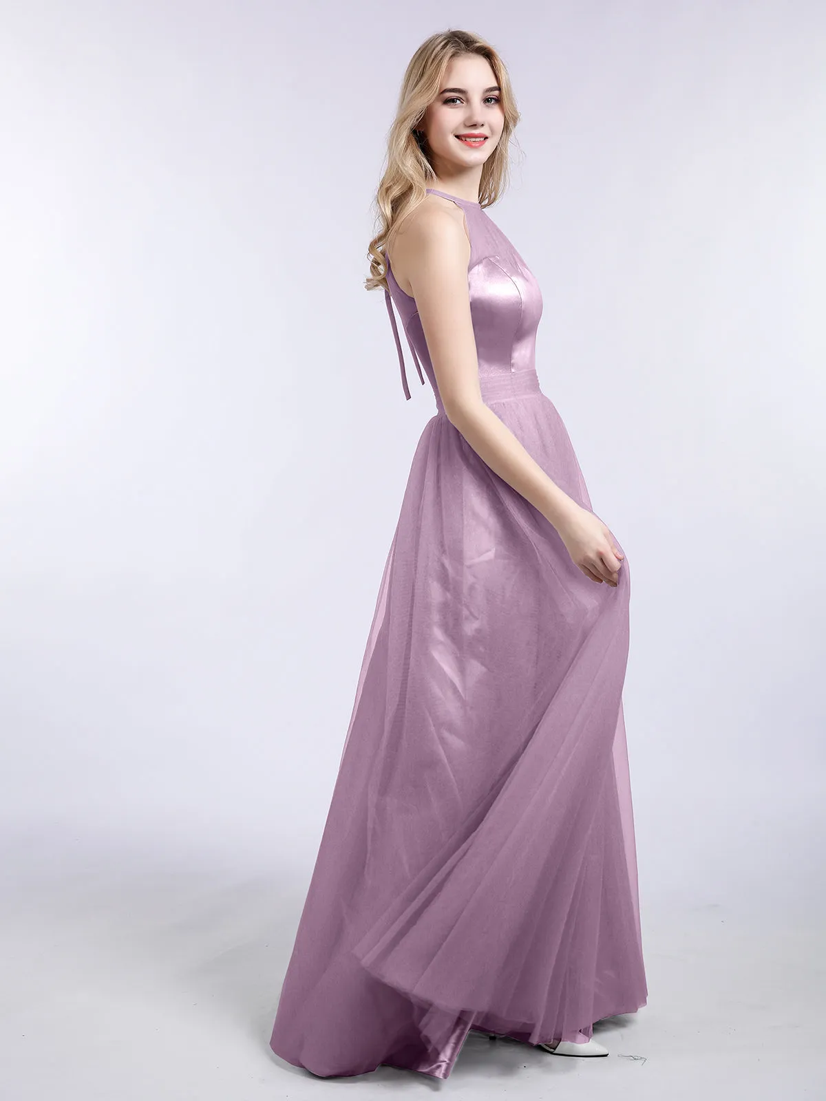 Illusion Neckline Long Tulle Dress-Vintage Mauve Plus Size