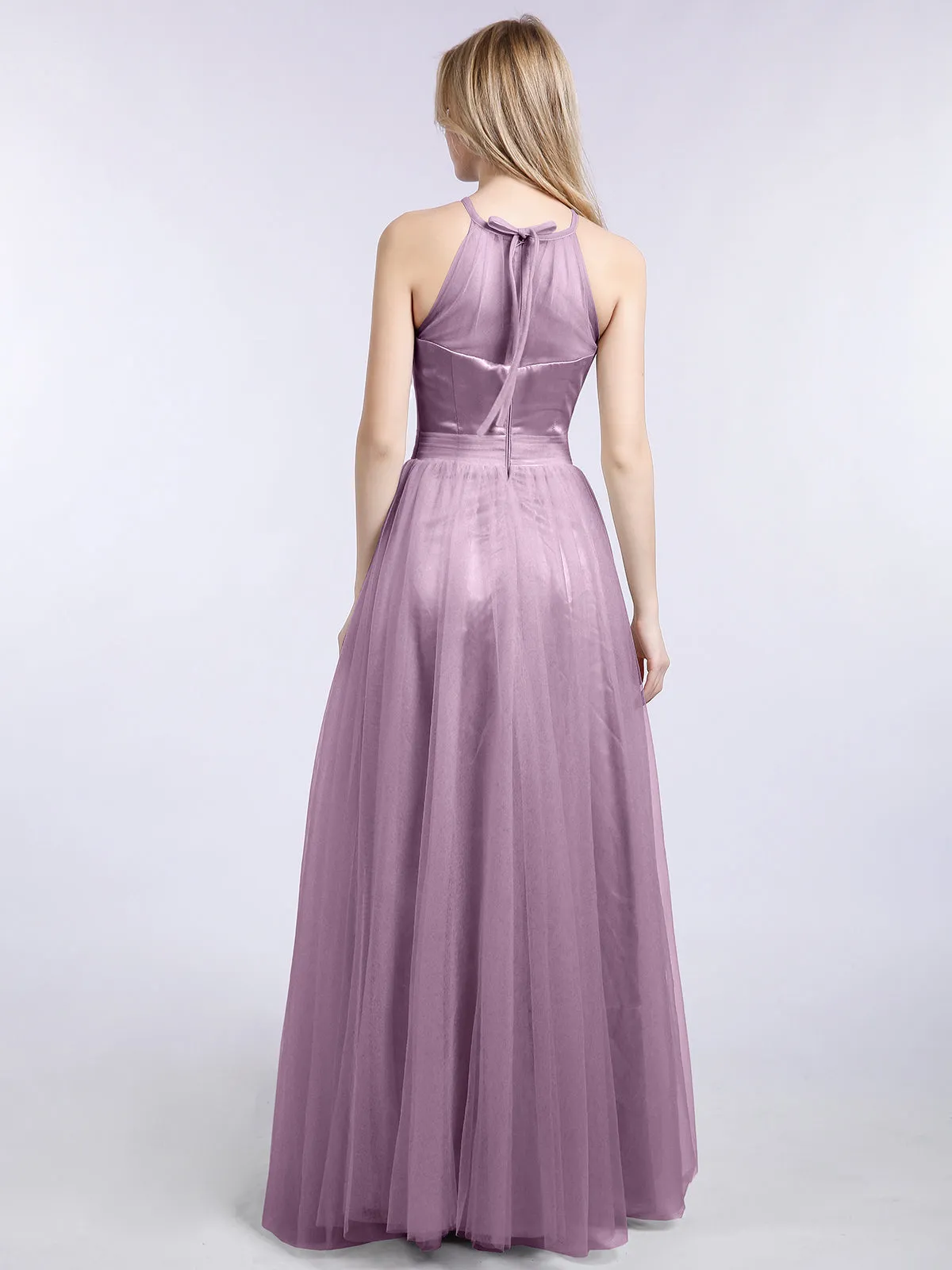 Illusion Neckline Long Tulle Dress-Vintage Mauve Plus Size