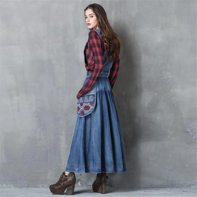 Long Denim Overall Dress with Large Pockets