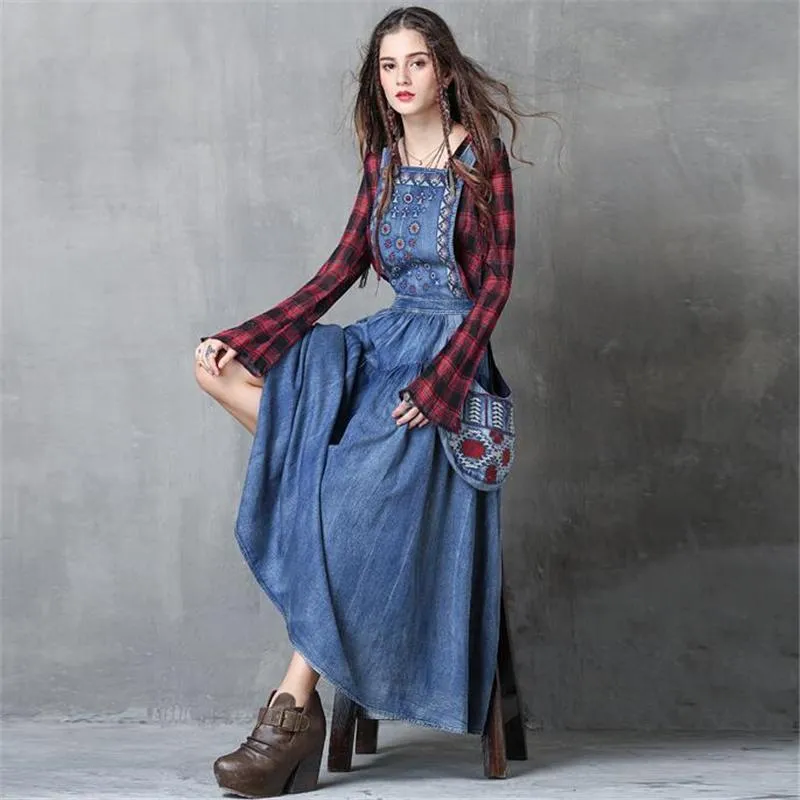 Long Denim Overall Dress with Large Pockets