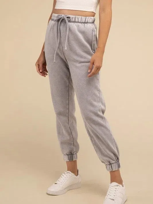 Lost in a World of Comfort Acid Wash Fleece Sweatpants with Pockets