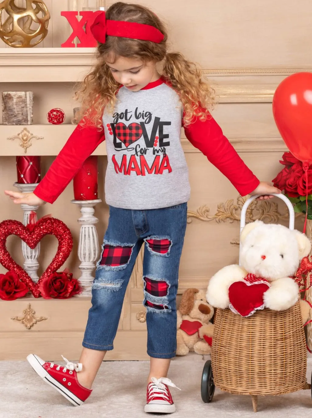 Love For My Mama Plaid Patched Jeans Set