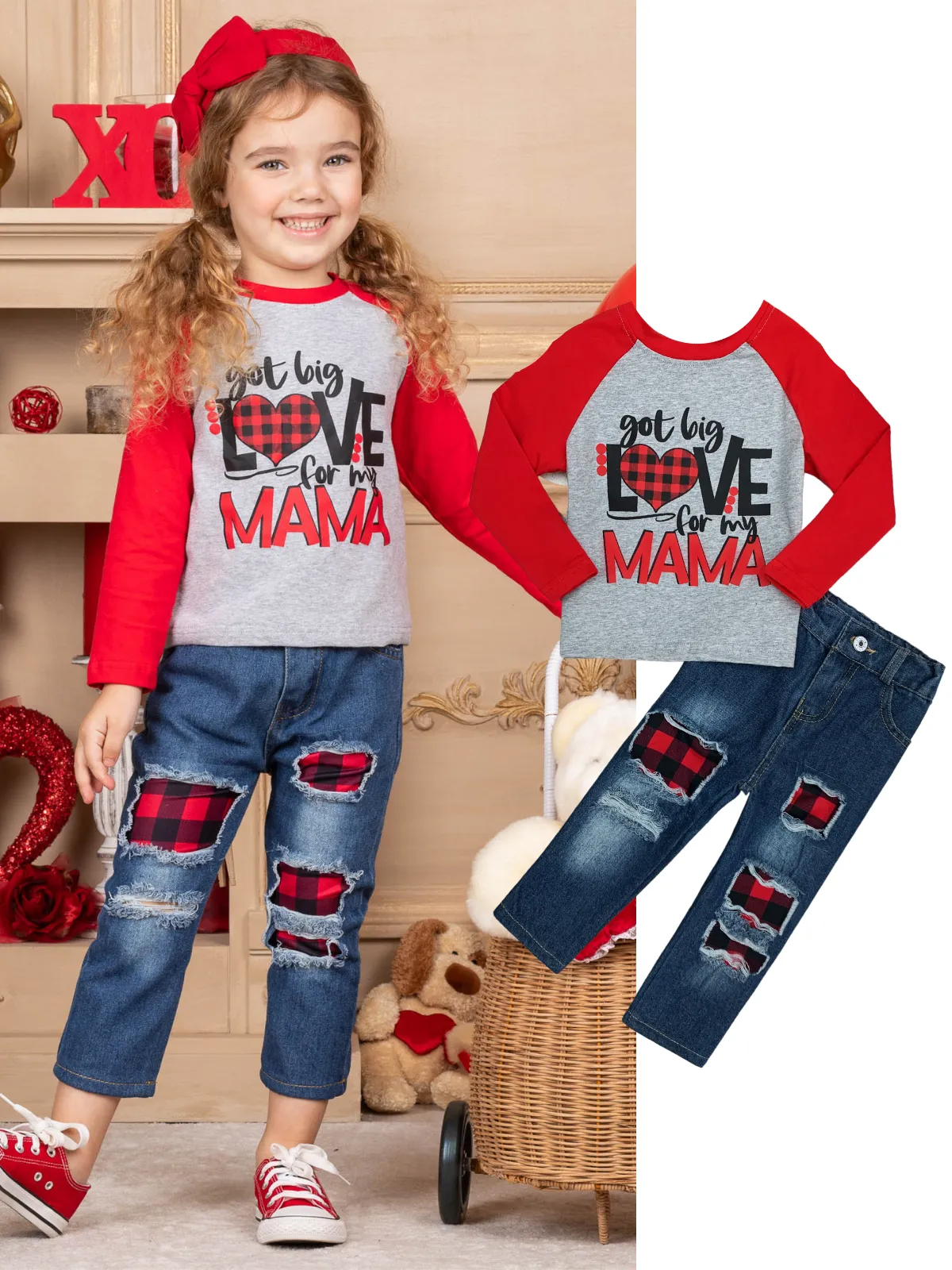 Love For My Mama Plaid Patched Jeans Set