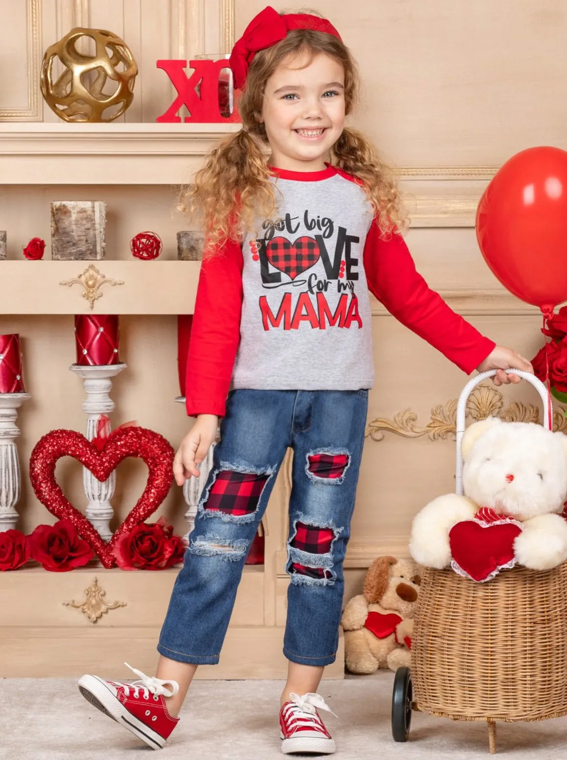 Love For My Mama Plaid Patched Jeans Set